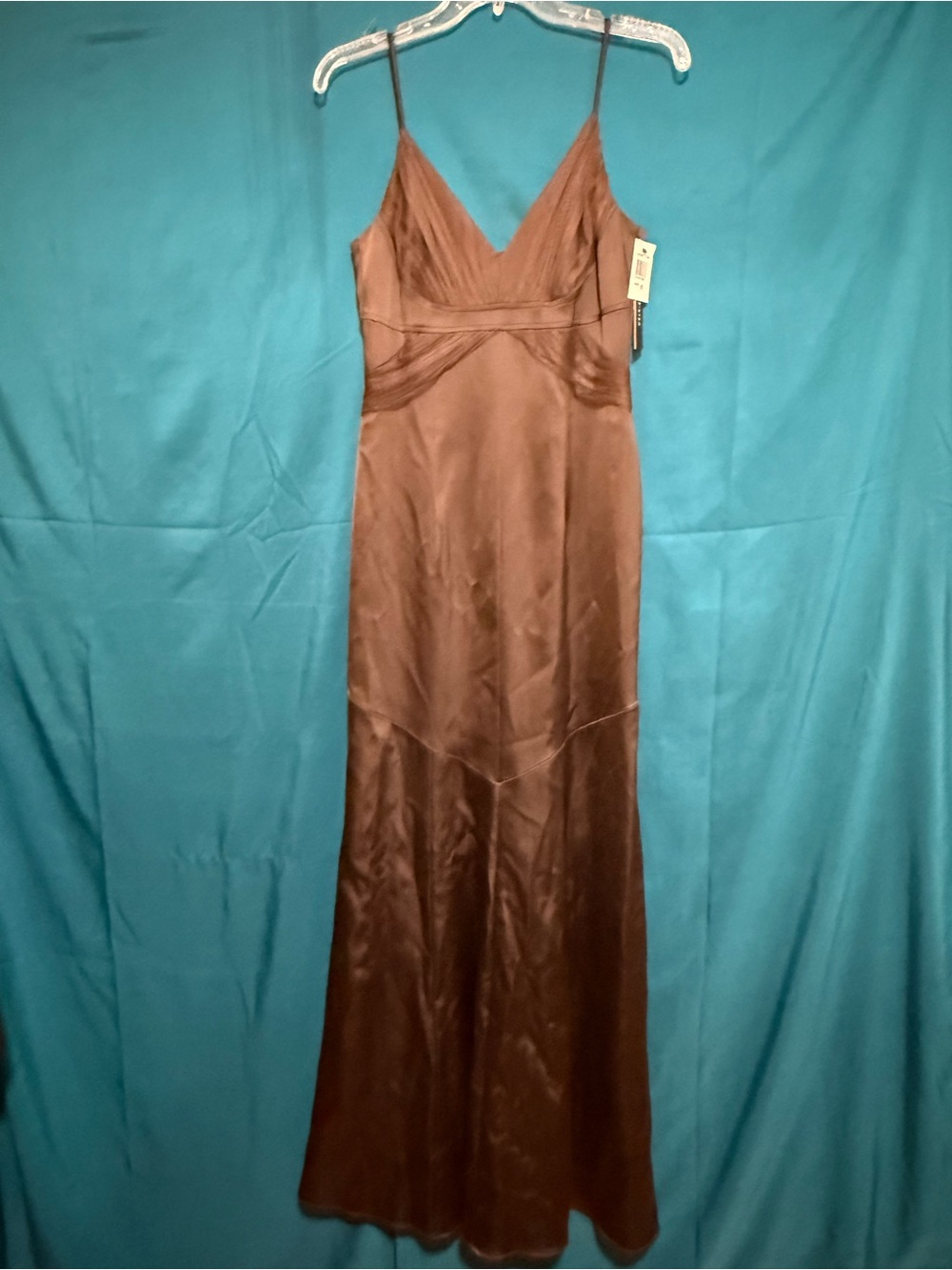 David Meister Brown Satin Slip Dress with Spaghetti Straps